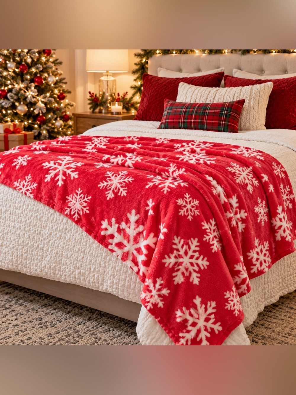 NIP Holiday Time Red Snowflake Super Soft Plush Throw Blanket 50x60